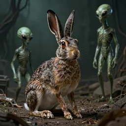The aliens of the hare, highly quality render, 8k, realistic, detailed, eerie, high resolution, dark vintage sci-fi. Atmosphere 85