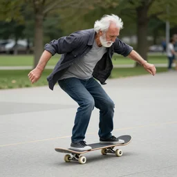 old man riding a skateboard, realistic, hd