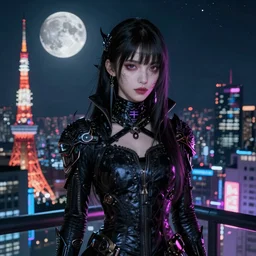 portrait futuristic nefarious cyberpunk young female necromancer, in futuristic moonlight starlight tokyo rooftop cyberpunk night, ssci-fi, fantasy, intricate, very very beautiful, elegant, neon light, highly detailed, digital painting, artstation, concept art, soft light, hdri, smooth, sharp focus, illustration, art by tian zi and craig mullins and WLOP and alphonse mucha