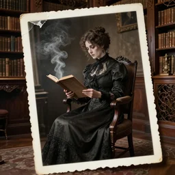 concept art, 1 9 th century spirit photography, eerie victorian woman reading in a chair, in well - lit art nouveau library room, ambient smoke, torn photograph, photorealistic, highly detailed, 8 k