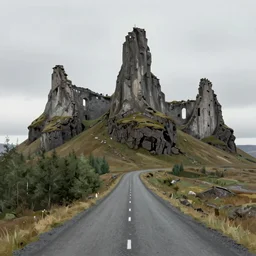 A digital painting by Simon Stålenhag of Iceland´s gravel road ,monumental old ruins tower, forest,overcast, of a road in Iceland landscape.