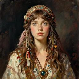 portrait of vintage hippie girl traveler greg manchess painting by sargent and leyendecker, studio ghibli, fantasy, medium shot, asymmetrical, intricate, elegant, matte painting, illustration, hearthstone, by greg rutkowski, by greg tocchini, by james gilleard, by joe fenton