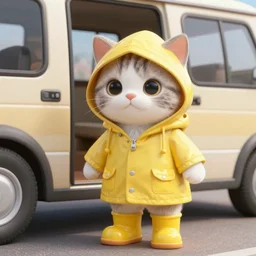 anthropomorphic cute kitten wearing a yellow raincoat and yellow boots getting on the school bus on the first day of kindergarten, with colorful fall leaves and light rain