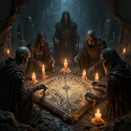 necromancers using ouija board surrounded with melting candles in tomb, dark fantasy, scifi, volumetric lights, intricate, intense detail, digital painting, artstation, concept art, smooth, soft shading, hyperealistic, cinematic, illustration, style of h. r. giger, 3 d 4 k
