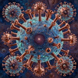 virus, religious art, by fiona staples and dustin nguyen, peter elson, alan bean, wangechi mutu, metallic colors, fractals, deepdream, oxidized copper, led light, highly detailed and intricate, psychedelic, sharp focus,