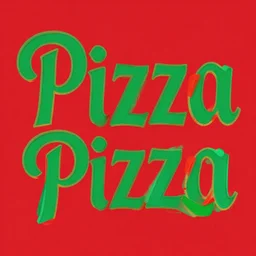 red background, a green stylized font text saying pizza