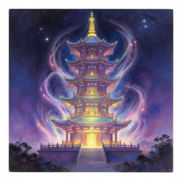 “ a landscape pastel in the style of noriyoshi ohrai of an ancient holy tower, it has iridescent mana radiating from it. it is centered. the background is the starry sky at night. key art. 4 k retrofuturistic fantasy ”