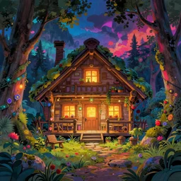 interior of a mountain hut, colorful dream, glowing lights, epic fantasy, colorfully, detailed illustration, digital art, highly saturated colors, overdetailed art, concept art, detailed illustration, hd, 4 k, digital art, greg rutkowski, dan mumford, studio ghibli trending on artstation