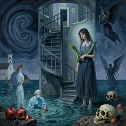 painting of a flooded spanish hospital, a spiral staircase, death, cold, a tall emo girl, holding a courgette, night, skull, rocks by the sea, island, surgeon, pomegranates, a dark angel, a whirlpool, swirls, zen, surrealist, by magritte and monet