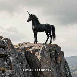 beautiful black unicorn on top of a cliff natural lighting by Emmanuel Lubezki