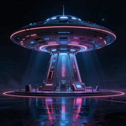 detailed ufo station by artstation jaime jasso, dark night, cyberpunk, neon lights, reflections ray, tracingstar trails, dramatic light, digital painting, igh detailed, 8 k render, perfect shape, hyperrealistic