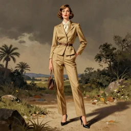 a detailed fashion illustration of a midcentury hostess outfit with pants