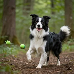 very realistic border collie dancing with the green ball in the forest