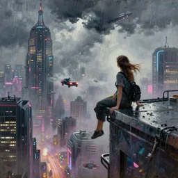 a girl on a ledge up above futuristic new york city below, cyberpunk, fog, neon lights, flying cars, storm clouds, rain, oil painting, by george bellows