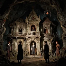the strangers inside the upside down house, film still from the movie directed by denis villeneuve and david cronenberg, with art direction by salvador dali, wide lens