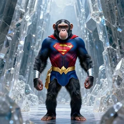 photo of a Chimpanzee dressed as Wonder Woman standing in Superman’s Crystalline fortress of Solitude. Photography in the style of National Geographic, photorealistic