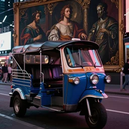 a blue and white tuk tuk in Times Square at night, dream-like heavy atmosphere, dark baroque painting, beautiful, 8K artistic photography, photorealistic, dramatic volumetric cinematic perfect light, chiaroscuro, award-winning photograph, masterpiece, Raphael, Caravaggio, Beksinski, Giger, 4k