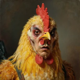 closeup portrait of an asian scary man dressed as a chicken, the chicken man, highly detailed painting by gaston bussiere, craig mullins, j. c. leyendecker 8 k