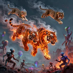 two headed tiger of two heads made of smoke, lava and fire flying in the sky ; cat flying in the sky ; panther flying in the sky ; humans being devoured ; aliens, robotic machines, gods, bio - mechanical intelligences, glitch creatures, dmt entity ; lsd art, trending on artstation, style greg rutkowski