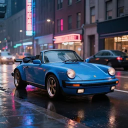 blue porsche 9 1 4 convertable on a rainy city street, neon lights glowing, cinematic, ultrarealisitc, 4 k