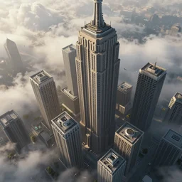 skyscrapers, dramatic lighting, wispy clouds, artstation, digital art, hyperdetailed, birds - eye view
