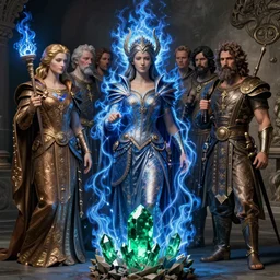 the female arcanist and the male artificer by zacharias aagaard and albert bierstadt and gerald brom and zdzisław beksinski and james gilleard and marc simonetti and jean delville, beautiful, robes, highly detailed, hyperrealistic, intricate, energy, electricity, blue flame, low light, green crystal, high contrast