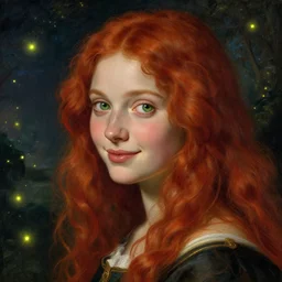 sharp, intricate fine details, breathtaking, digital art portrait of a red haired girl with green eyes softly smiling in a dreamy, mesmerizing scenery with fireflies, art by caravaggio