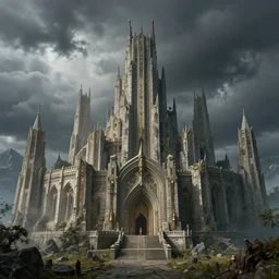 hyperdetailed Dwarven fortress in the mountains | dwarven architecture | art deco | monumental |photorealistic | hyper detailed | volumetric lighting | Stormy weather | thomas kinkade