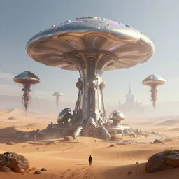 a futuristic image of an alien desert with a gigantic mushroom shaped spaceport, metal jellyfish spaceships, fine detail, by James clyne and Andrée Wallin, foggy, cyberpunk city in the distance, iridescent, artstation, CG society, Ariel view, concept art, extra wide angle, morning light