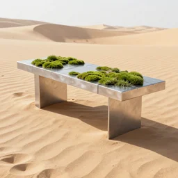 a modern table made of rectangle tetris, made of silver steel and moss, octane render, trending on artstation, on the desert sand
