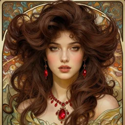 song of the hurricane, detailed beauty close - up portrait, chocolate, opulent swirling hair, crimson jewellery, organic background, art by wlop, peter morebacher, greg rutkowski, craig mullins, ruan jia, thomas kinkade, victor ngai, ernst haeckel, james jean, takato yamamoto, tomokazu matsuyama, alphonse mucha, unreal engine