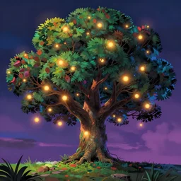 sad tree, glowing lights, epic fantasy, colorfully, digital art, highly saturated colors, concept art, detailed illustration, hd, 4 k, digital art, greg rutkowski, dan mumford, studio ghibli trending on artstation