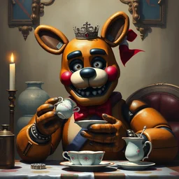 a five nights at freddy's animatronic having an intense tea party with queen elizabeth ii, octane render / source, oil painting, trending on artstation, rossdraws