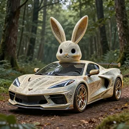chrome bunny made of corvette parts, in the middle of the forest:: ornate, dynamic, particulate, intricate, elegant, highly detailed, centered, artstation, smooth, sharp focus, octane render