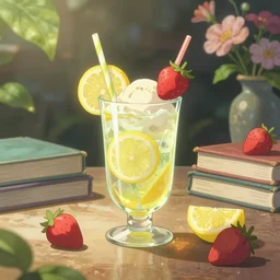 lemon cold drink, ice cream, strawberry embellishment, books and flowers, trending on studio ghibli, dreamy, soft, global illumination, radiant light, intricate environment, luminescence, highly detailed, 8 k