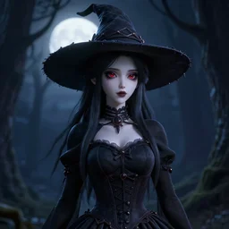portrait of beautiful darkness witch as a 3D anime girl, dark forest moonlight background, inspired by Tim Burton, digital painting, unreal engine render, volumetric light, high détail