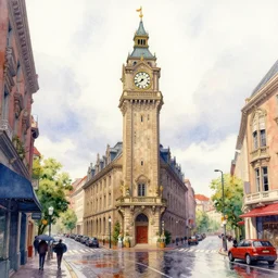a hiper intricate watercolor of a beatiful clock tower in a rainy city street, extremely detailed, sharp focus, elegant, wide view, smooth, digital illustration, colorfull, by william turner art, by greg rutowski