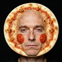 portrait of man with facial deformity making the head a flat and circular disc, looking like a pizza, uneven skin with baked crust appearance, large freckles like burnt spots, cheeks look like tomato slices, soft lighting, sharp focus, black background, masterpiece, photo by jimmy nelson, giger, cindy sherman