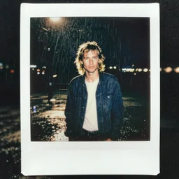 a polaroid of ( kurt cobain ) in seattle, raining! nighttime