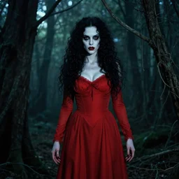 in the style of brandon woelfel, full body, pretty alyson hannigan, evil dead demon, evil dead movie, red dress, brandon woelfel, symmetrical eyes, symmetrical face, long curly black hair, trees, forest, branches, brandon woelfel, cinematic lighting, evil dead creature, scary