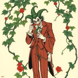 poison ivy has the joker tied up in vines, intricate, art nouveau, art by takato yamamoto