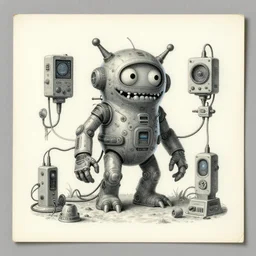 aged paper, landscape, cyber future monster, hooked to machines with wires, retrofuture, jim henson creature shop, fantastic planet, edgar rice burroughs, moebius, valerian, coherent, illustration, digital art, trending on artstation, hd, 8 k, good lighting, beautiful, rough paper, masterpiece