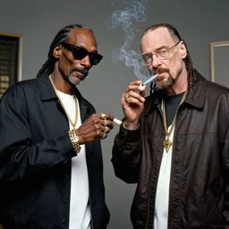 snoop dogg passing a marijuana joint to walter white in the studio, smoking weed, in the studio, walter white, snoop dogg, smoking weed, studio, photorealistic