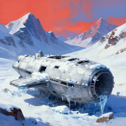 abandoned spaceship covered partially in snow and ice, mountains in the background, vibrant digital concept art painting by greg rutkowsky and Santeri Soininen, trending on artstation
