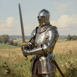 full frame portrait of a knight holding up is sword, countryside, daytime, beautfull portrait by heinrigh vogeler,