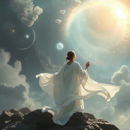 in flowing white robes she watched as the universe was born, nebula, bright arc of light, stars, beautiful concept art by jakub rebelka and artgerm and ruan jia and range murata and wlop and beeple