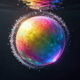 sphere underwater + colorful rainbow sphere with sharp glossy particles around it, 4 k, award winning, photorealistic, sharp crisp light reflections, rule of thirds, octane render, volumetric lighting