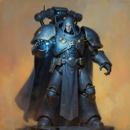 painting of eldritch man as a cloaked tech priest projecting a hologram, adeptus mechanicus, cybernetic enhancements, zdzislaw beksinski, lewis jones, dariusz zawadzki, wayne barlow, warhammer 4 0 k, cold hue's, warm tone gradient background, concept art, digital painting