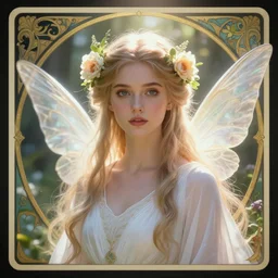 2 8 mm headshot of a beautiful bree olson ethereal magical young winged fairy princess wearing a white robe and flowers in her hair in a fantasy garden, d & d, fantasy, intricate, rim light, god rays, volumetric lighting, elegant, highly detailed, digital painting, artstation, concept art, smooth, sharp focus, illustration, art by greg rutkowski, maxfield parrish and alphonse mucha, new art nouveau, soft ambient lighting, tarot card
