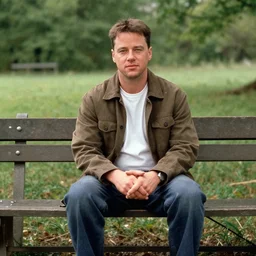 film still of matt damon as forrest gump sitting on a bench in forrest gump, 4 k